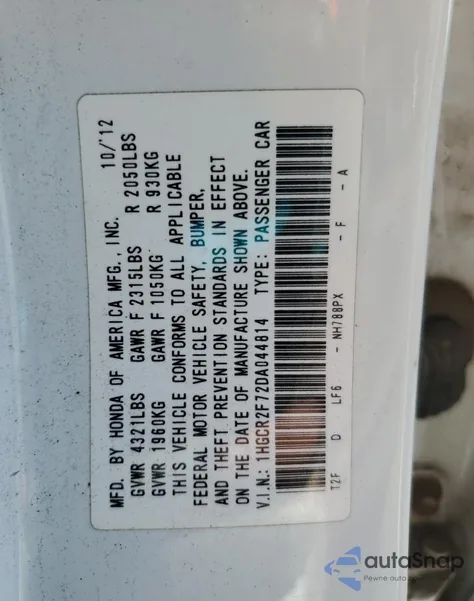 2013 Honda Accord Ex from USA, damaged, VIN 1HGCR2F72DA044814